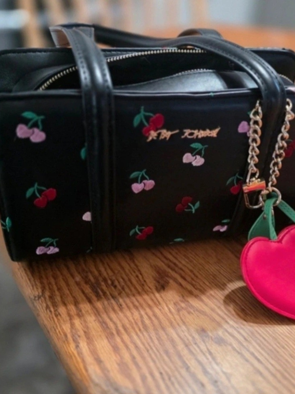 Betsey Johnson Black Cherry Print Tote with Heart Charm